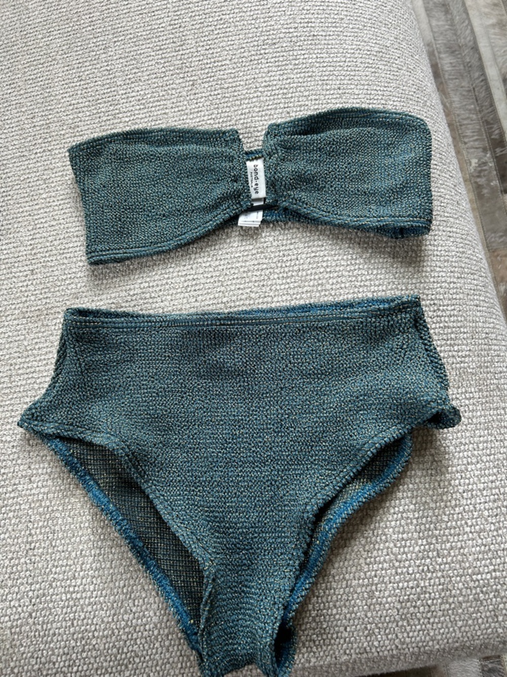 bond-eye Teal Textured Bandeau Bikini Top and high cut bottom Worn ONCE